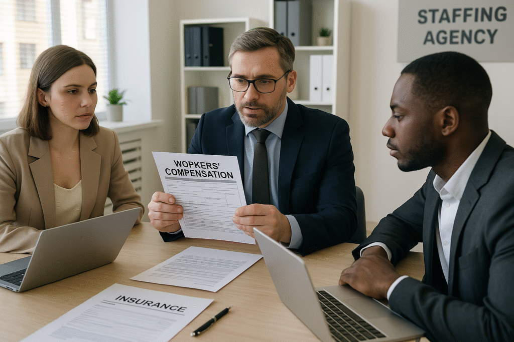 Staffing agency workers comp misclassification explained with manager reviewing employee classification documents in office.