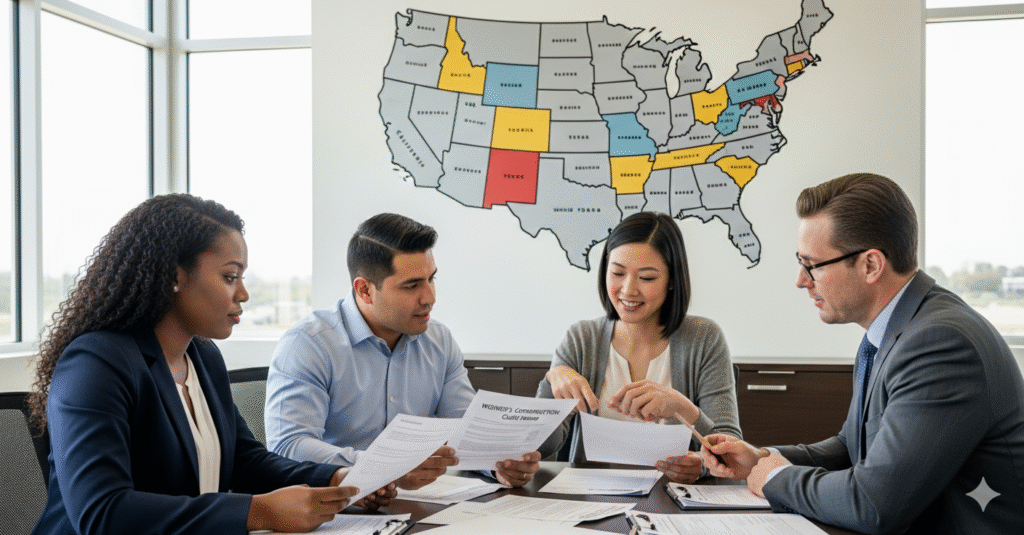 Multi-state workers’ comp for staffing agencies shown with employees reviewing insurance documents and a U.S. map highlighting different states.
