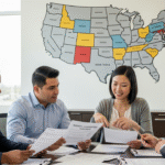 Multi-state workers’ comp for staffing agencies shown with employees reviewing insurance documents and a U.S. map highlighting different states.