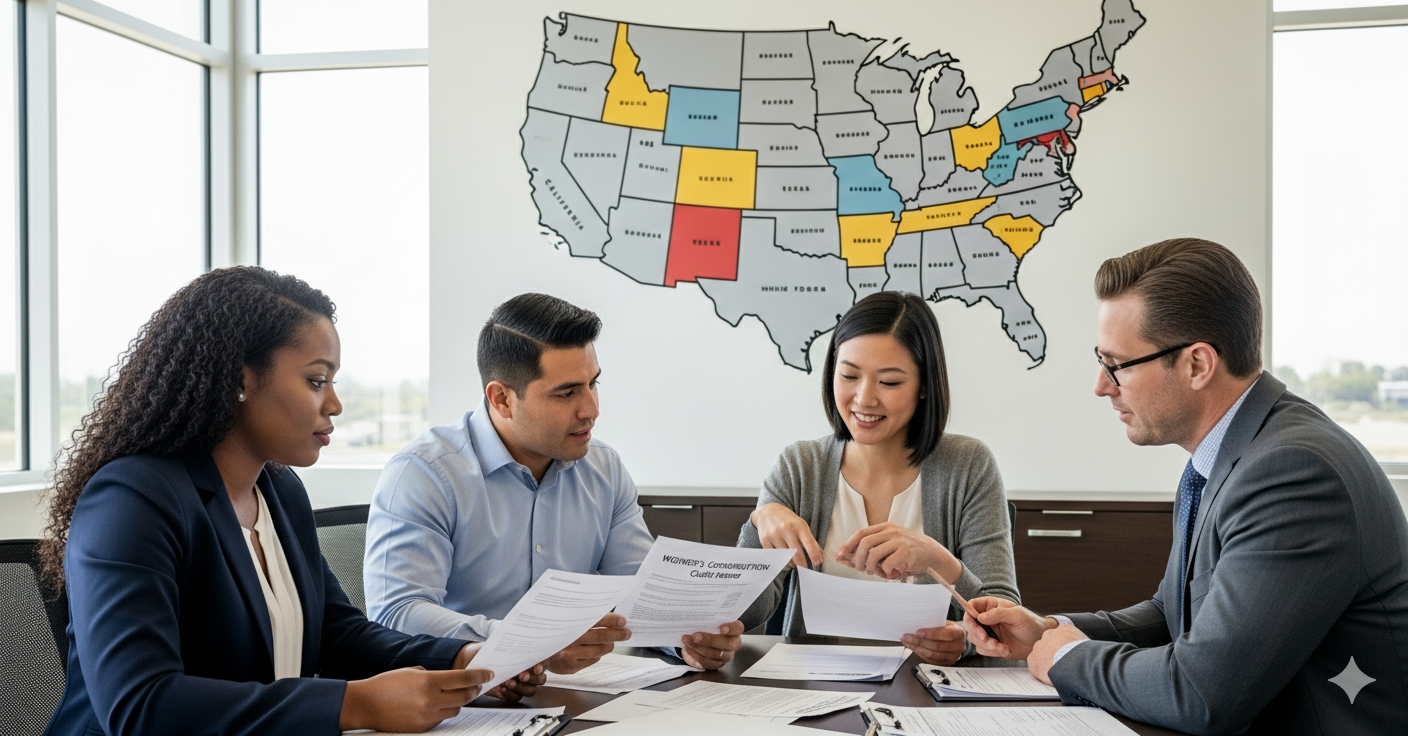 Multi-state workers’ comp for staffing agencies shown with employees reviewing insurance documents and a U.S. map highlighting different states.